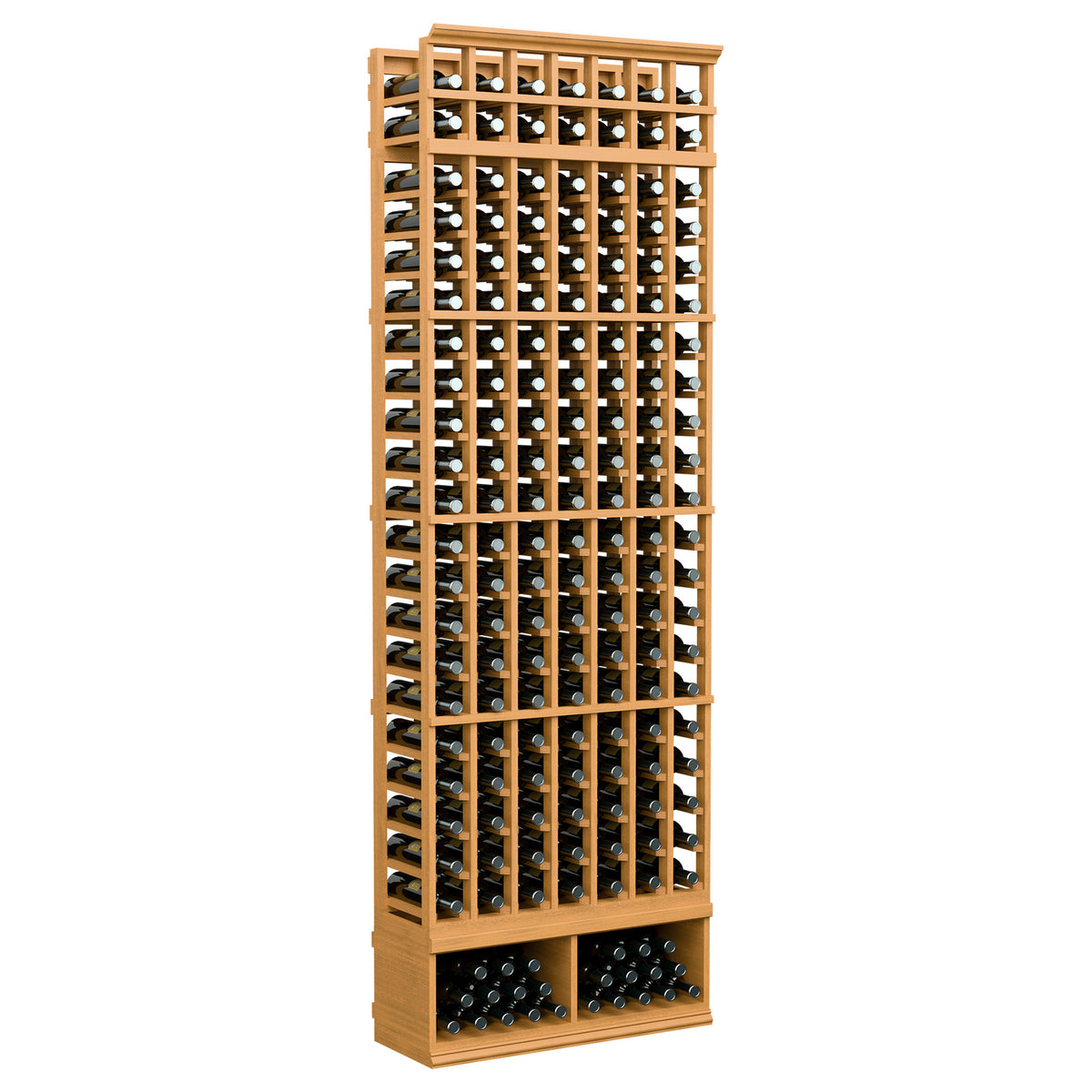 Light tan wooden wine bottle rack with 7 columns and front bottle slots