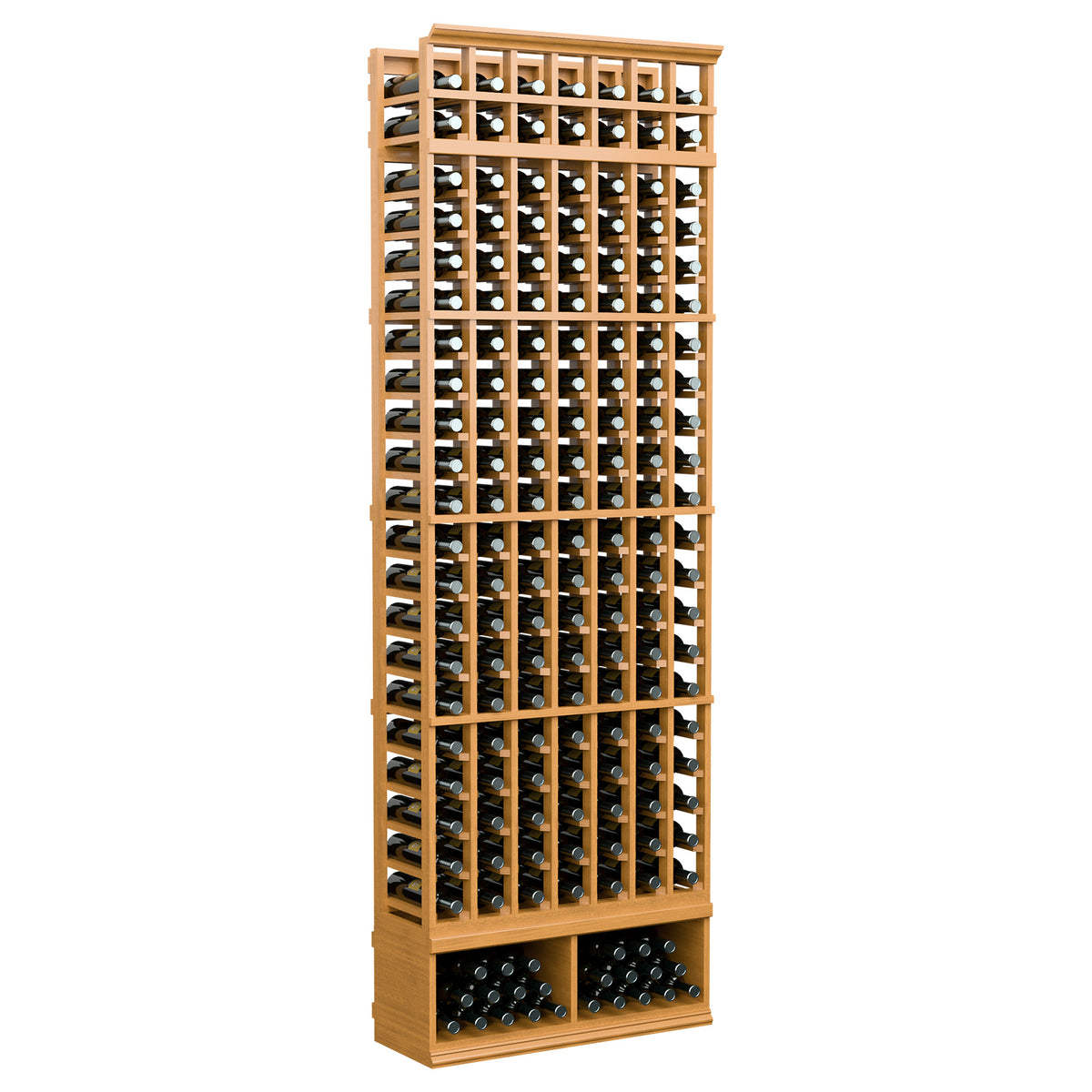 Light tan 7-column wine bottle rack with front grid and bottle holders