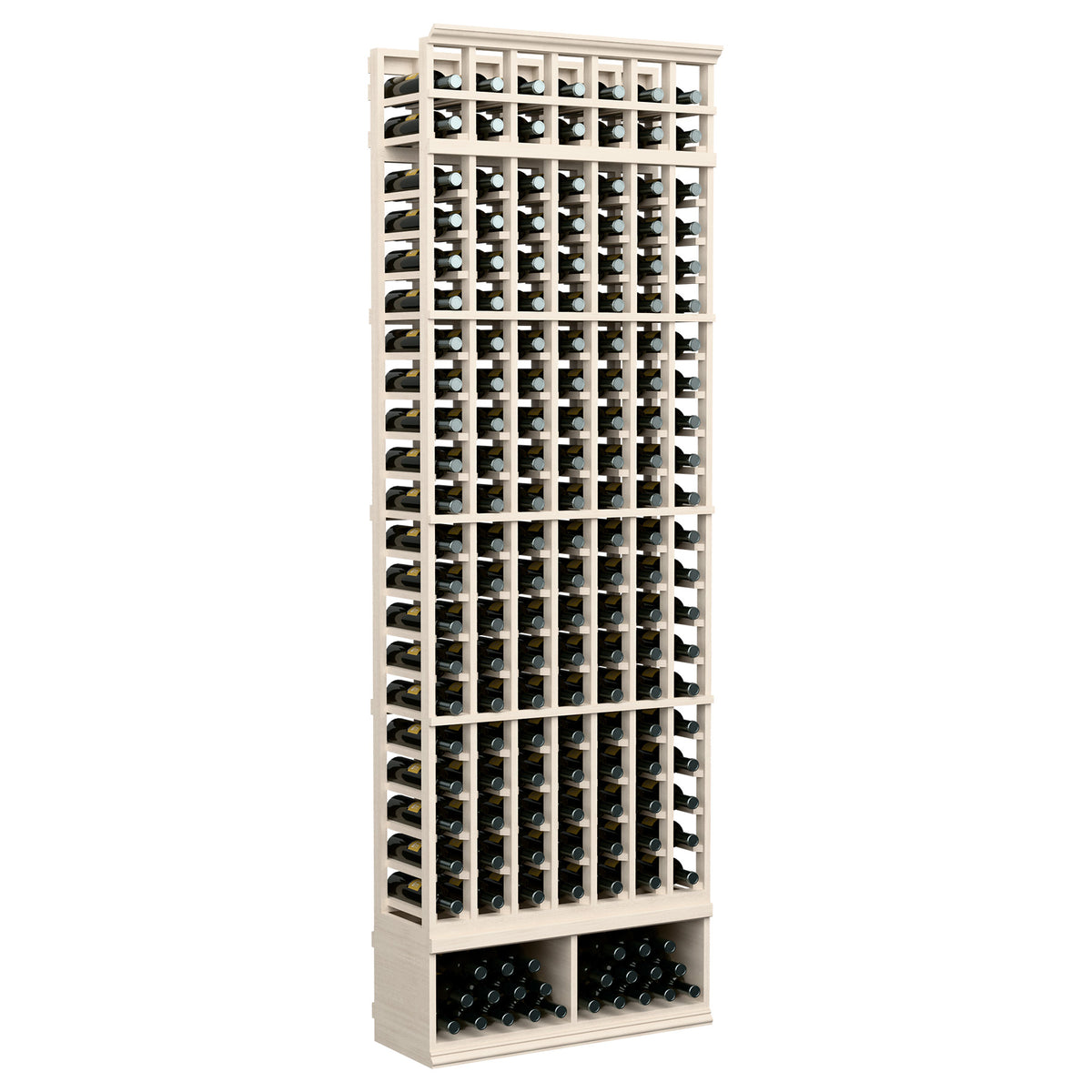 Whitewashed wooden wine bottle rack with 7 columns and front bottle slots