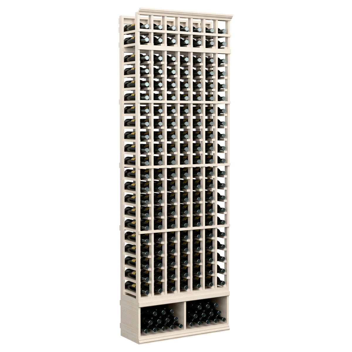 Whitewashed vertical wine rack with 7 columns and bottle slots across front