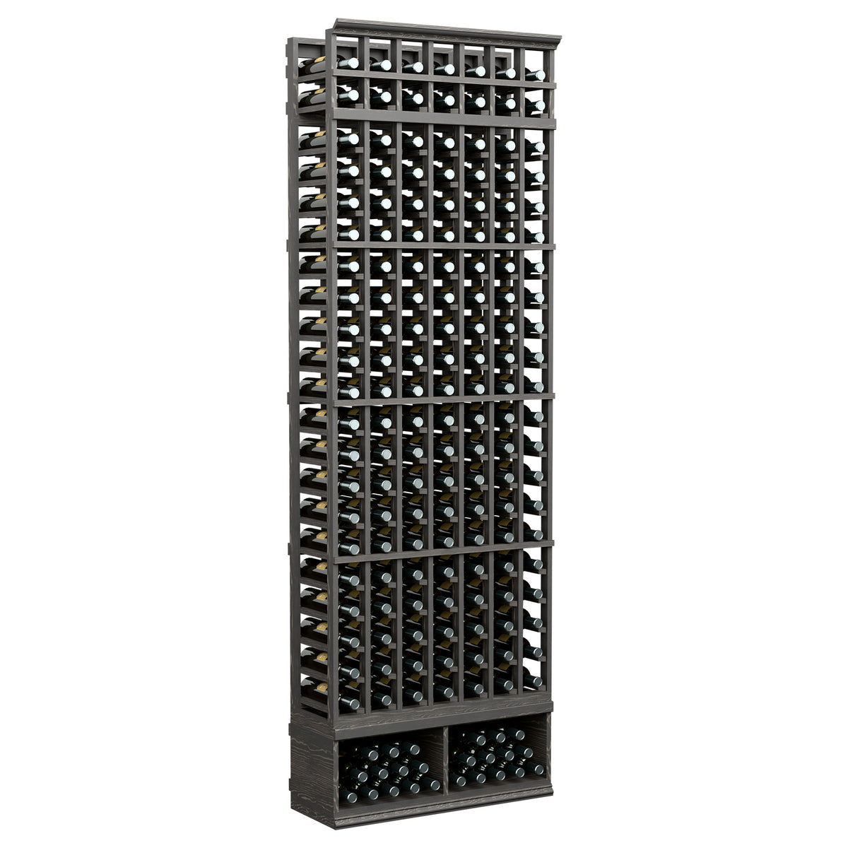 Seven-column wine bottle rack with black metal frame and front bottle slots