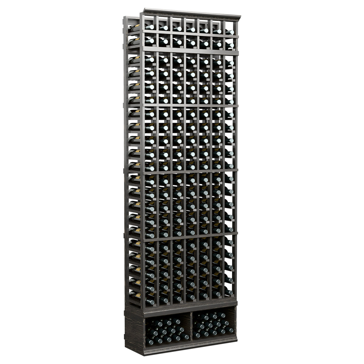 Seven-column wine bottle rack with black metal frame and wine bottle holders