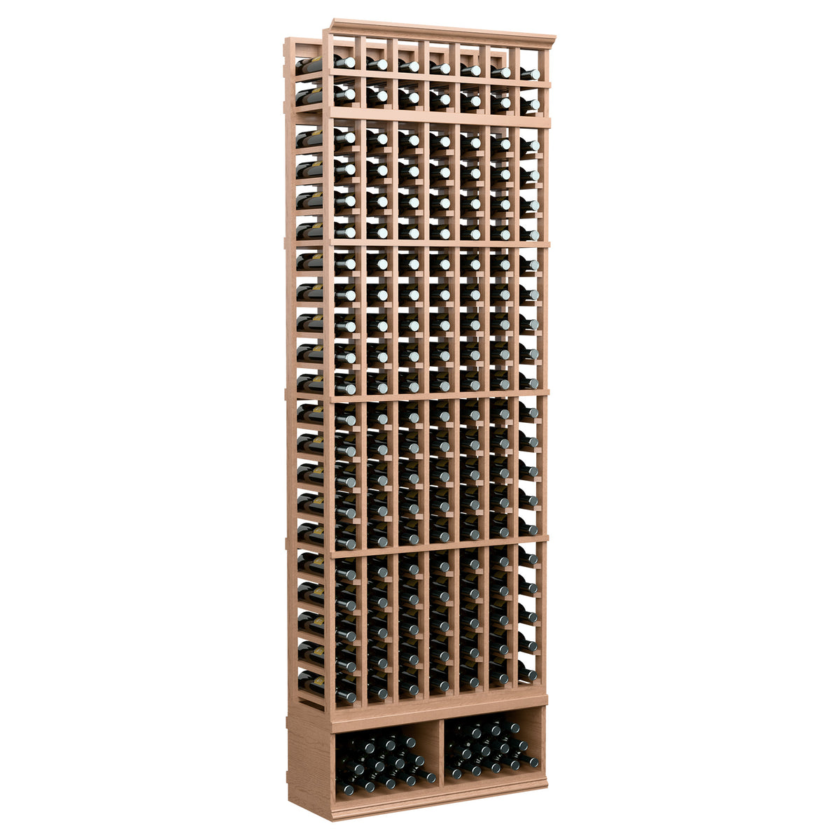 Seven-column wine bottle rack with light wood frame and front row bottle slots