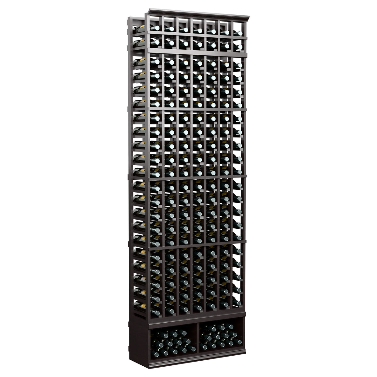 Seven-column wine bottle rack with dark metal frame and wine bottle slots