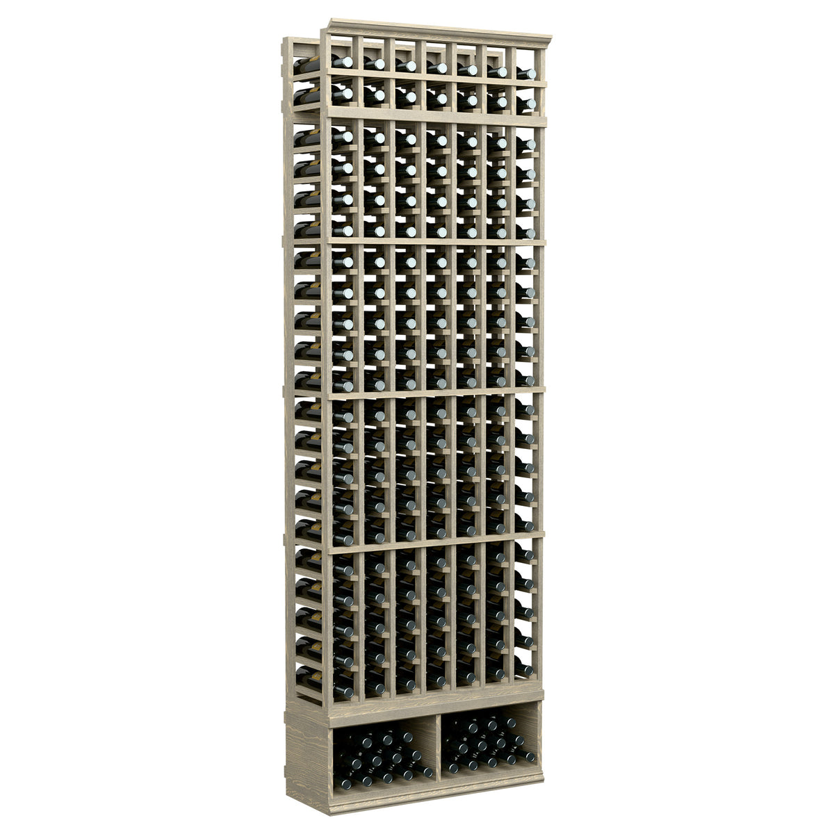 7-column wine bottle rack, light wood frame with bottles, 8 ft tall, open grid design.
