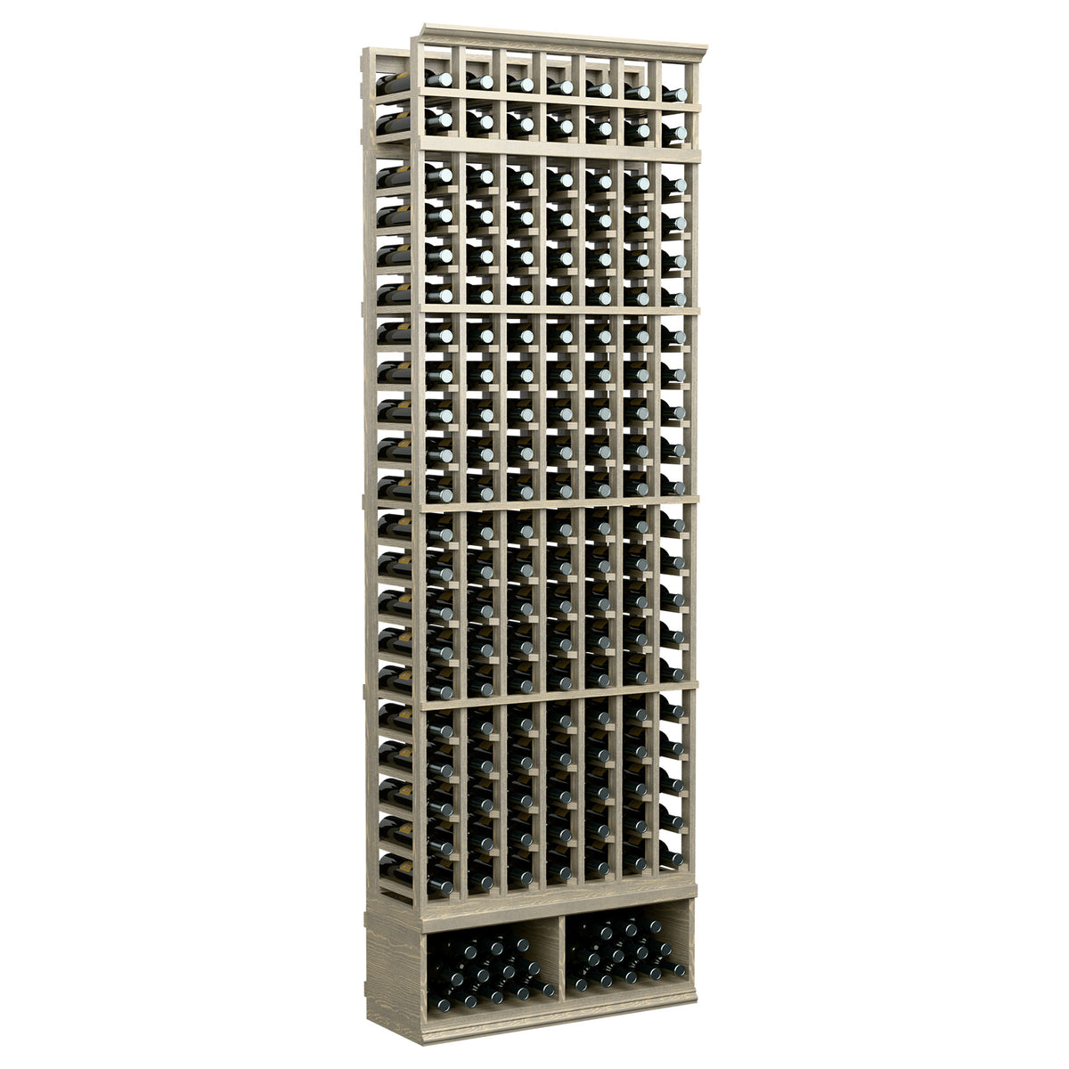 7-column wine bottle rack, light wood frame with bottles, 8 ft tall, front view.