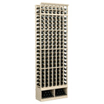 7-column wine bottle rack, light wood frame holding bottles, 8 ft tall, angled view.
