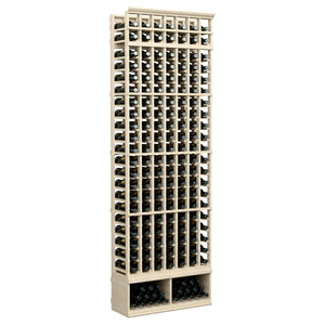 7-column wine bottle rack, light wood frame holding bottles, 8 ft tall, angled view.