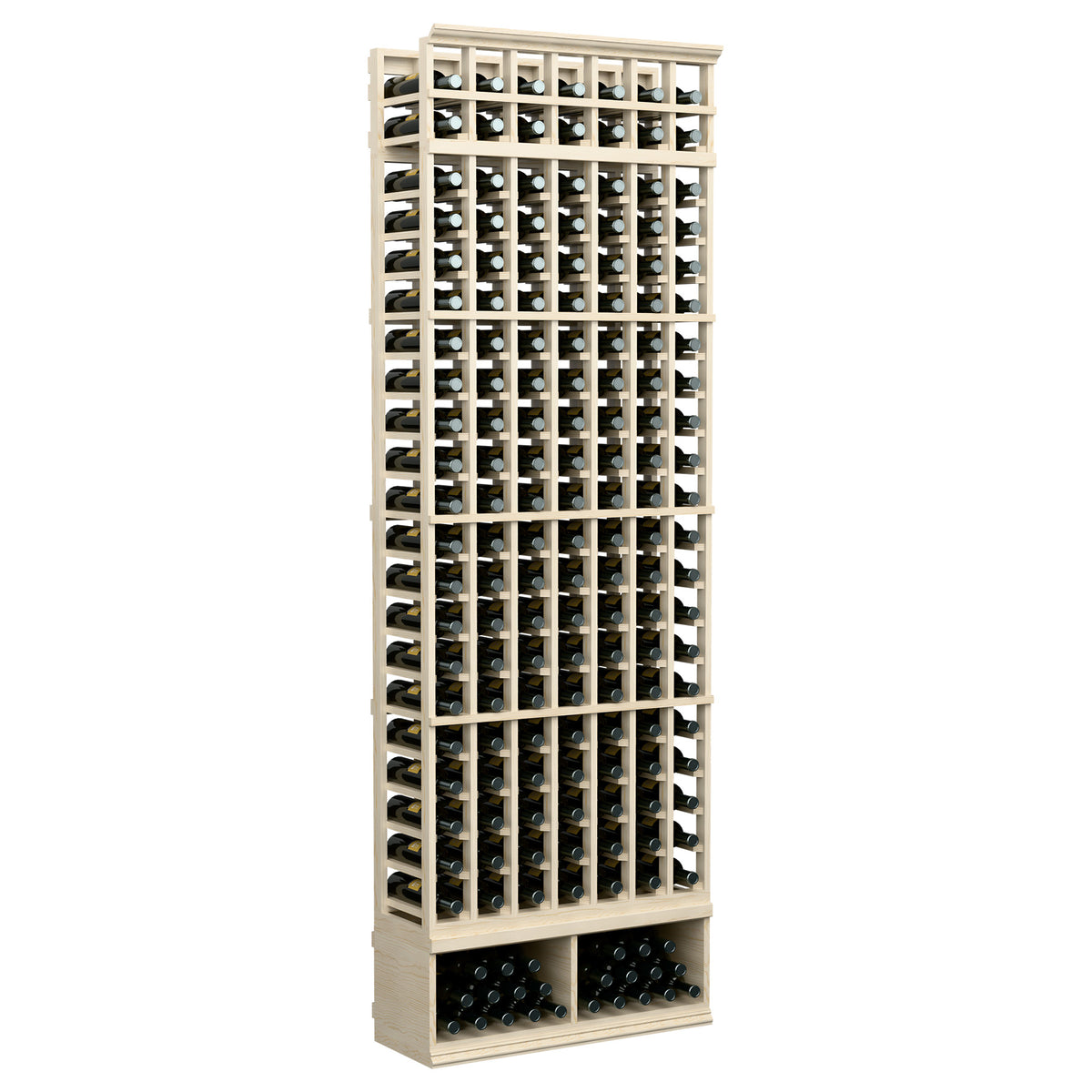 7-column wine bottle rack, light wood frame with bottle slots, 8 ft tall, full height view.