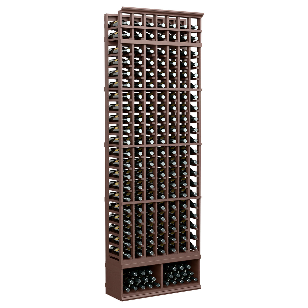 7-column wine bottle rack, dark brown frame with bottles, 8 ft tall, open grid shelves.