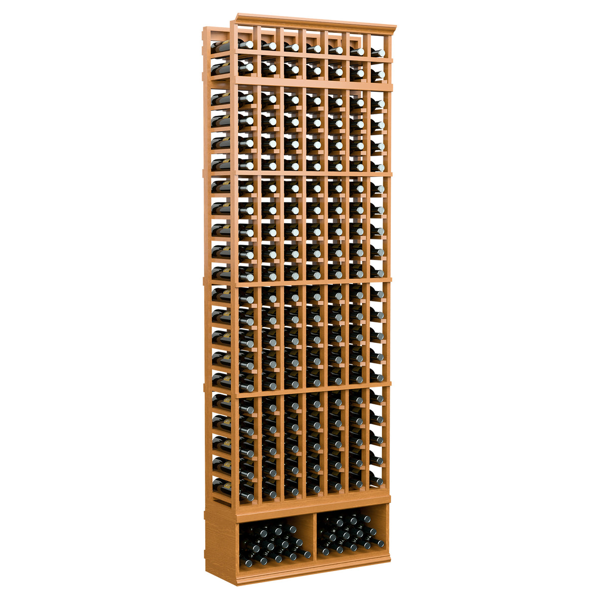 7-column wine bottle rack, honey wood frame with bottle slots, 8 ft tall, upright view.