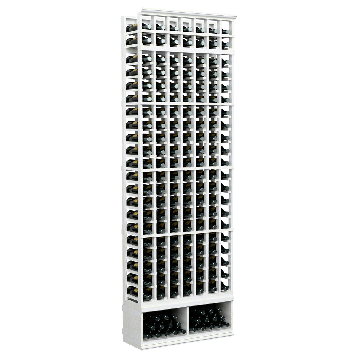 7-column wine bottle rack, whitewashed frame with bottles, 8 ft tall, open lattice design.