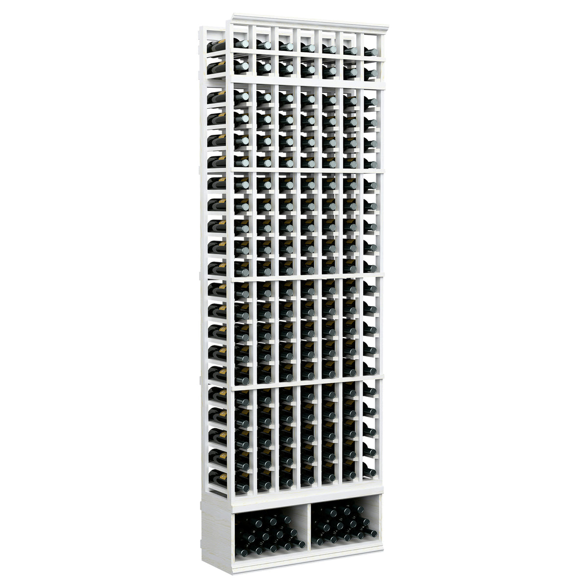 7-column wine bottle rack, whitewashed frame holding bottles, 8 ft tall, front-on view.