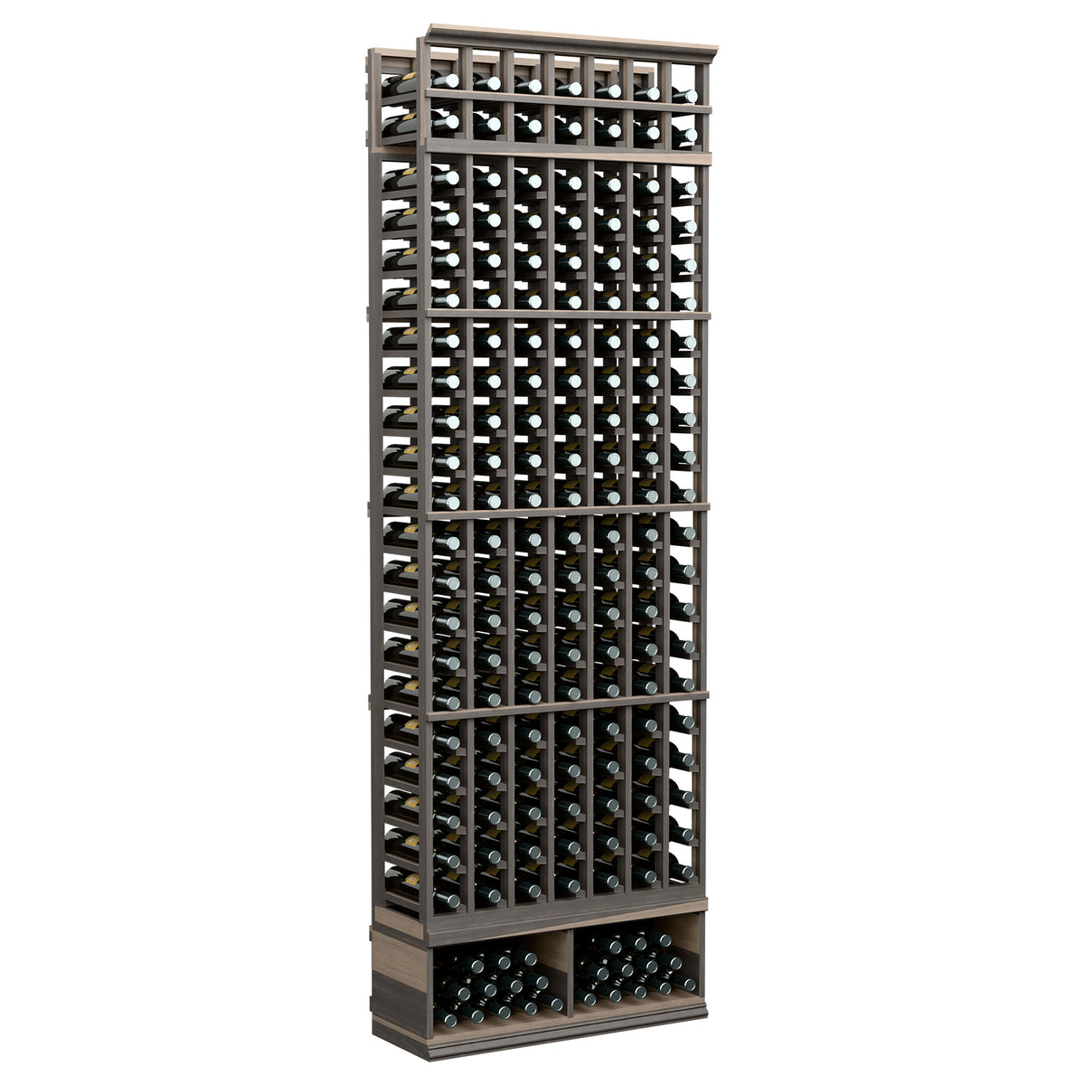 7-column wine bottle rack, 8 ft, dark wood with black metal grid