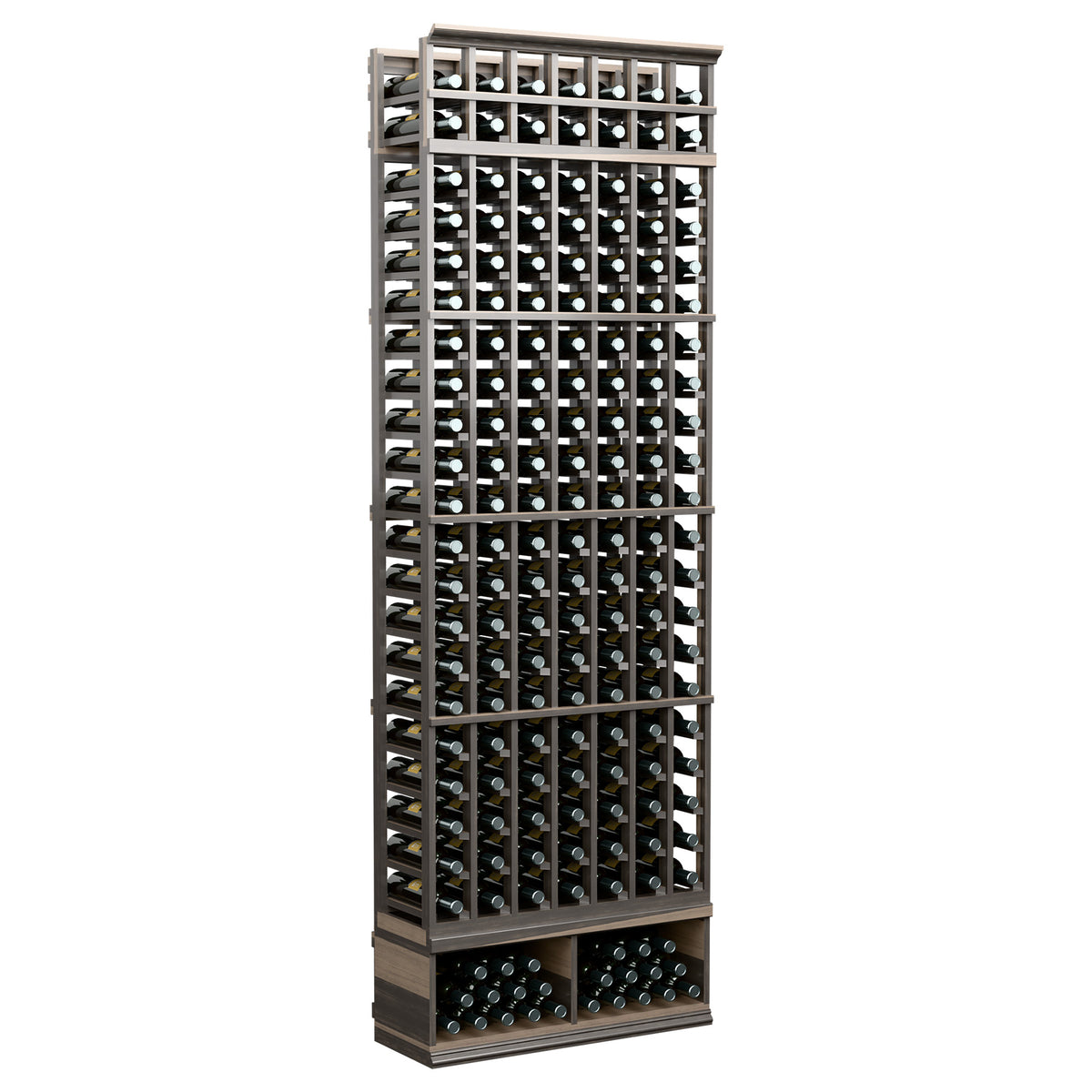 7-column wine bottle rack, 8 ft, charcoal/dark wood with black metal grid