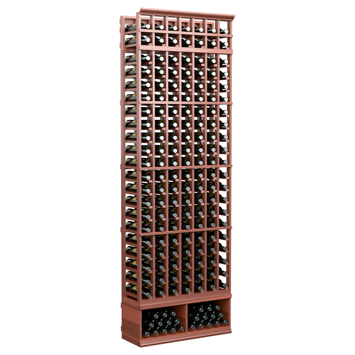 7-column wine bottle rack, 8 ft, reddish-brown wood with reddish metal grid