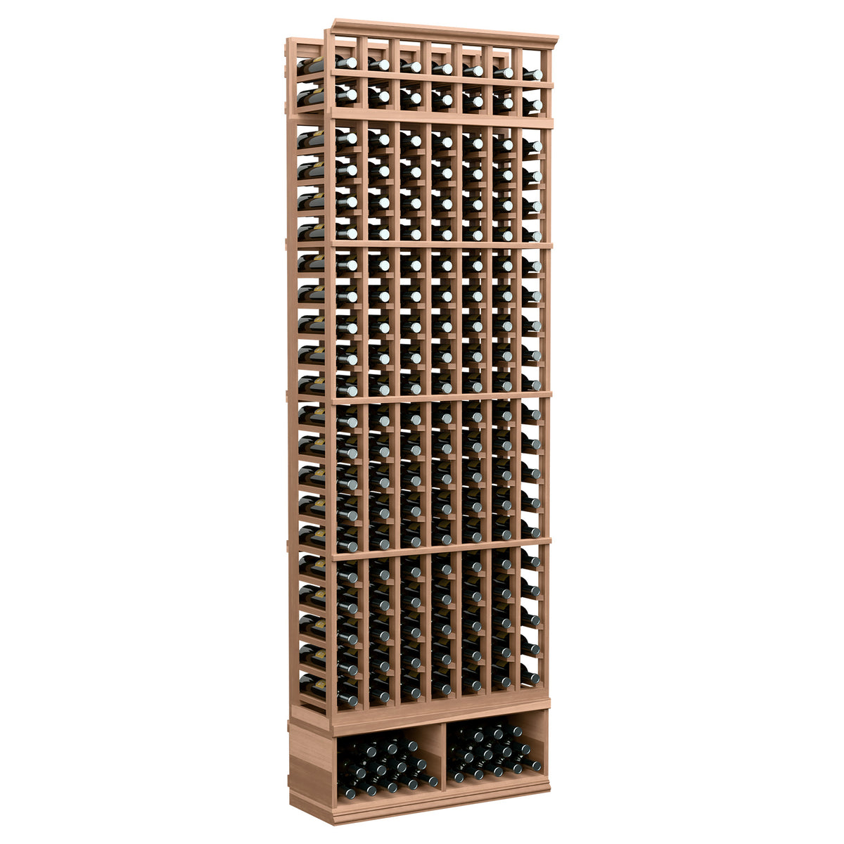 7-column wine bottle rack, 8 ft, light wood with beige metal grid