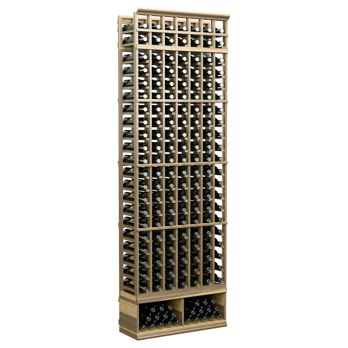 7-column wine bottle rack, 8 ft, natural wood with light metal grid