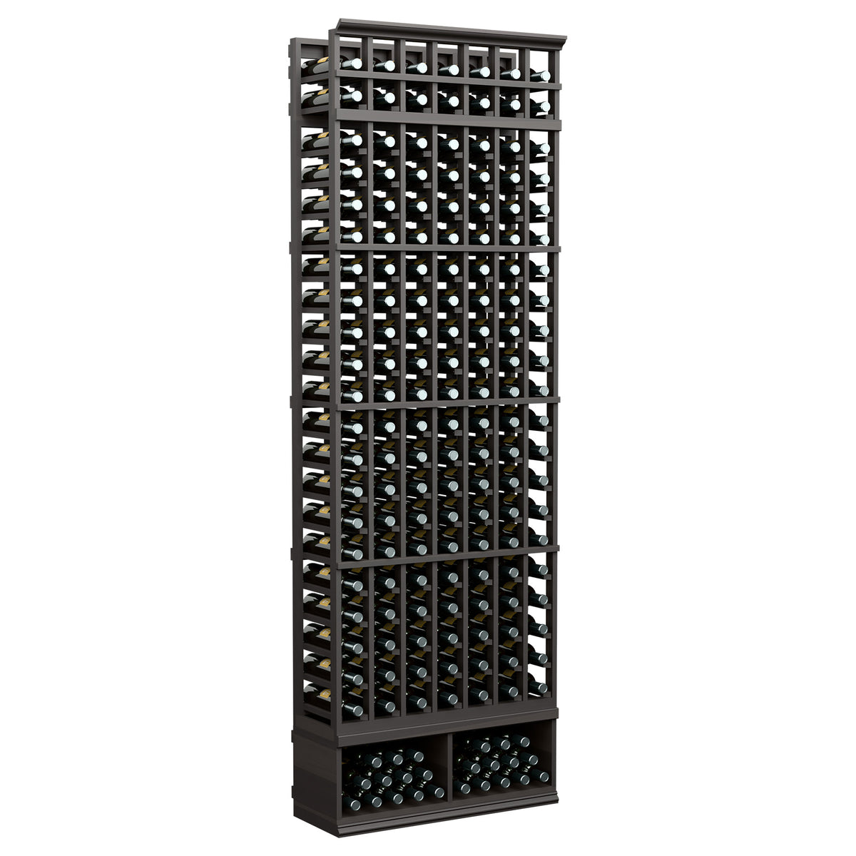7-column wine bottle rack, 8 ft, dark wood with black metal grid