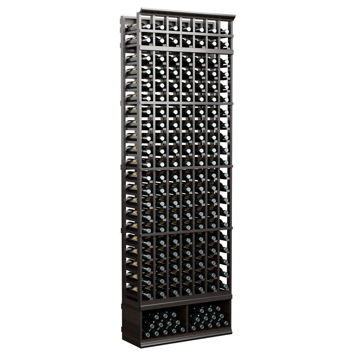 7-column wine bottle rack, 8 ft, dark wood with black metal grid