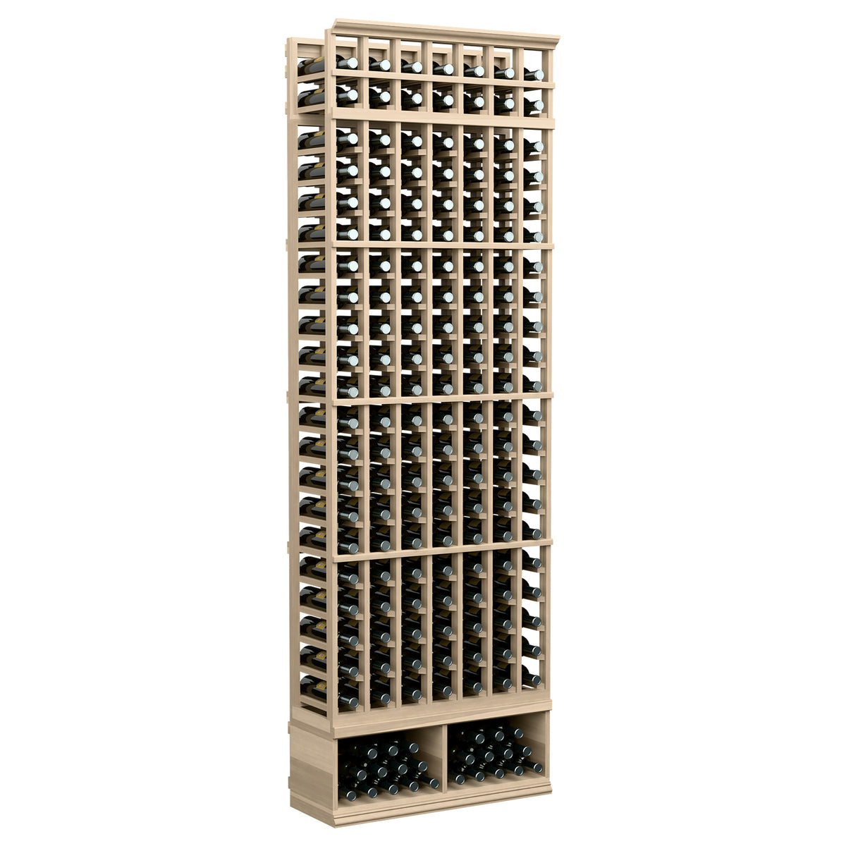 Wine bottle storage rack, 7-column 8-ft, light wood with open grid shelves