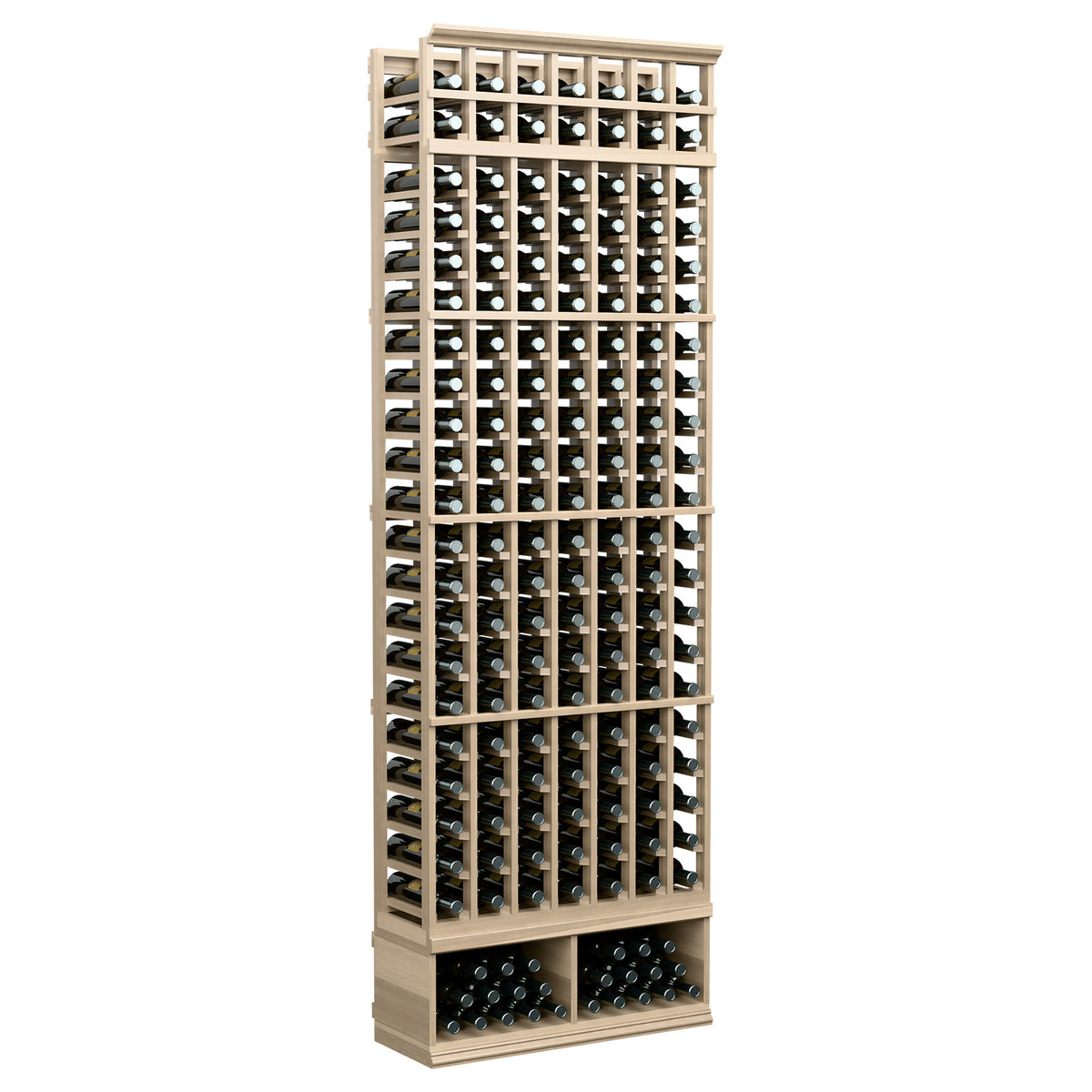 Wine bottle storage rack, 7-column 8-ft, light wood frame with bottle slots