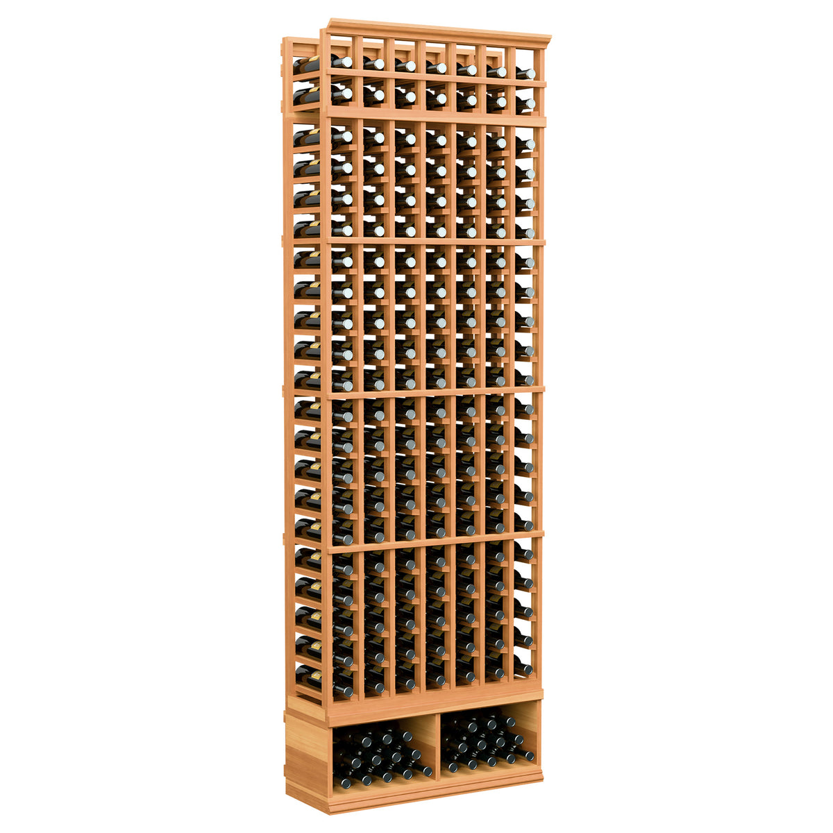 Wine bottle storage rack, 7-column 8-ft, warm wood finish with bottle grid