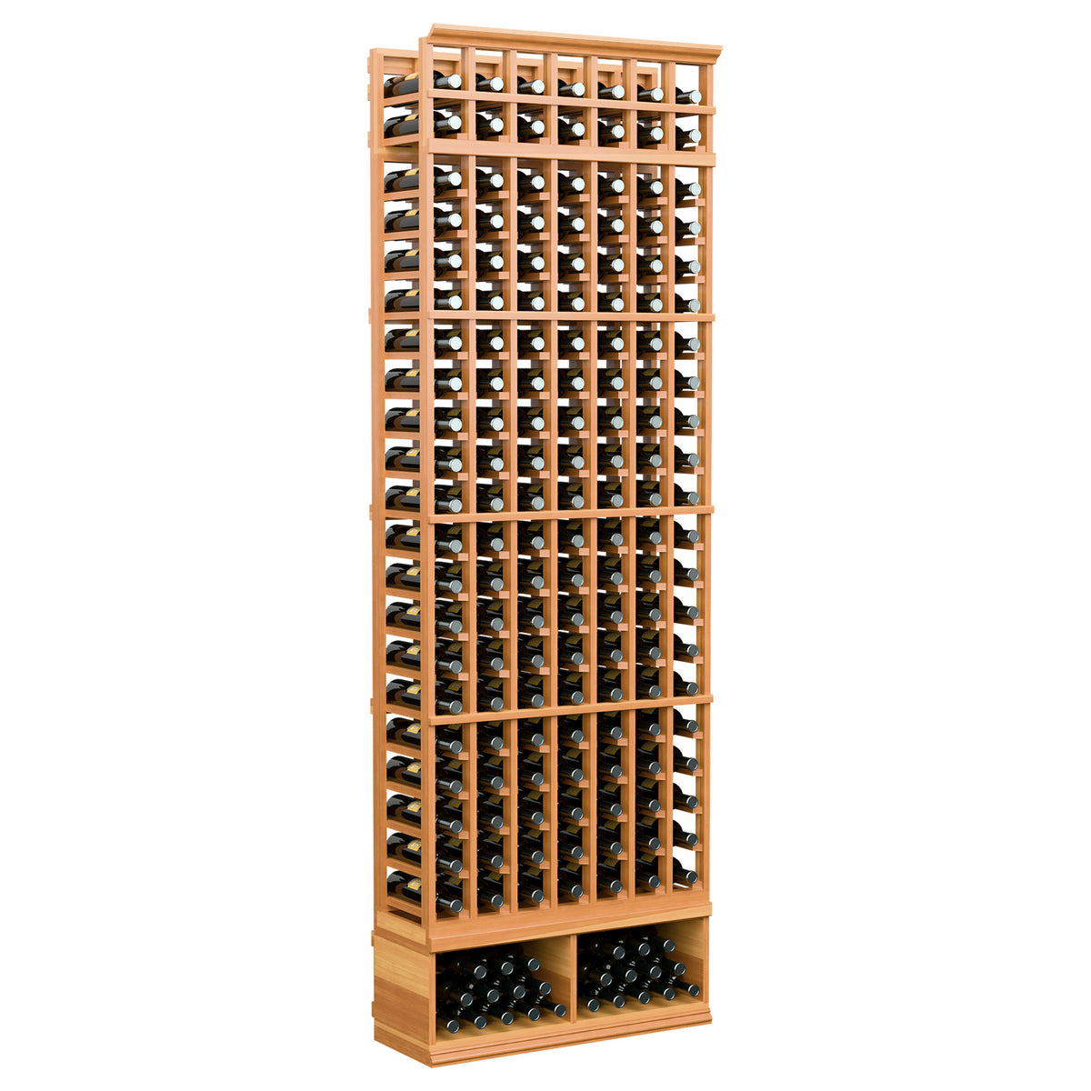 Wine bottle storage rack, 7-column 8-ft, warm wood frame with bottle storage