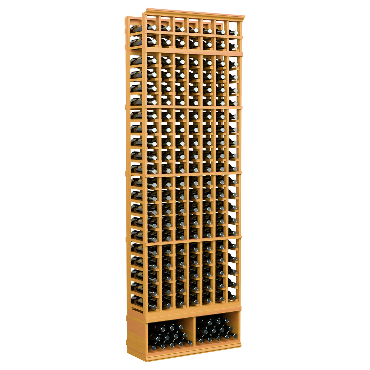 Wine bottle storage rack, 7-column 8-ft, golden wood finish with bottle rows