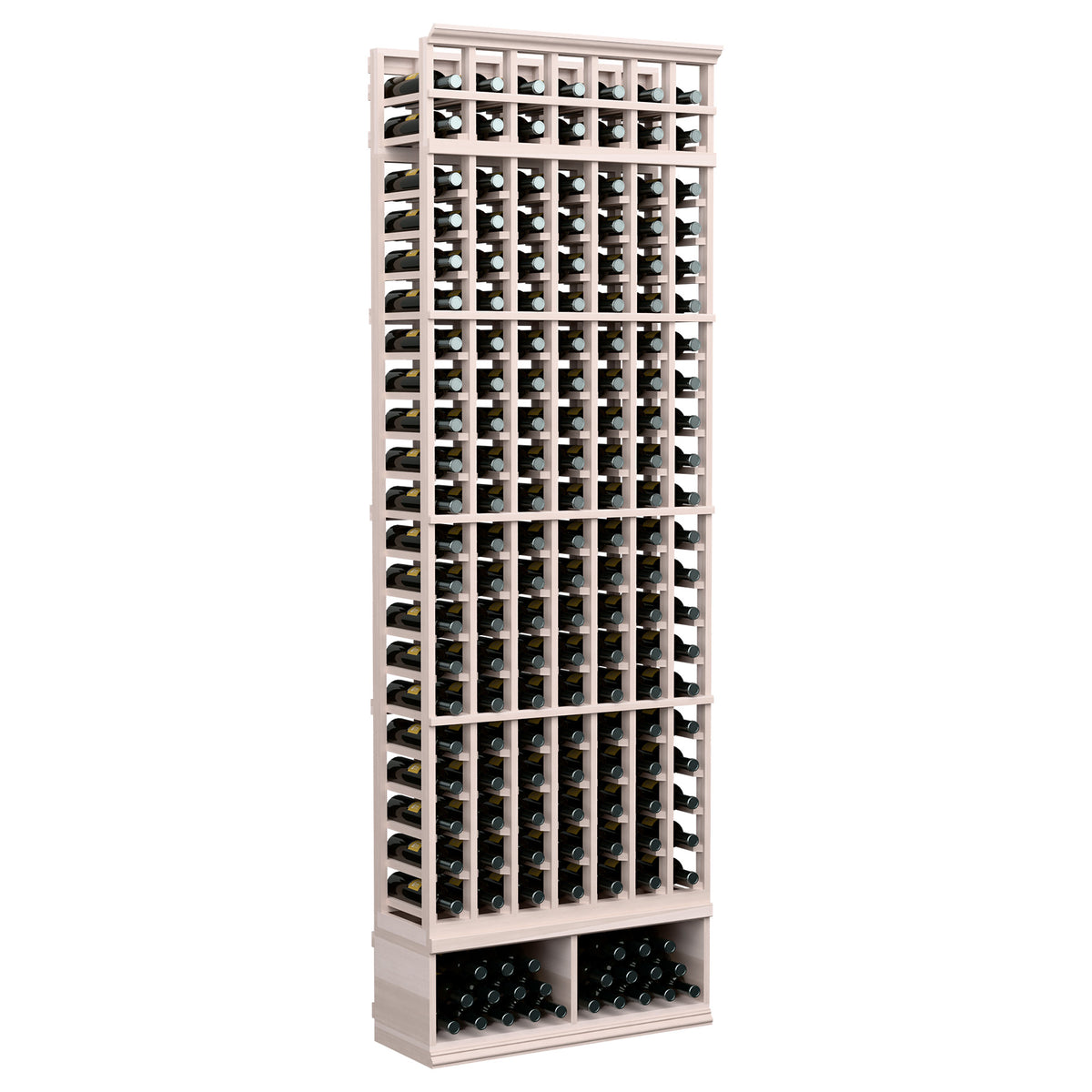 Wine bottle storage rack, 7-column 8-ft, pale wood frame with bottle slots