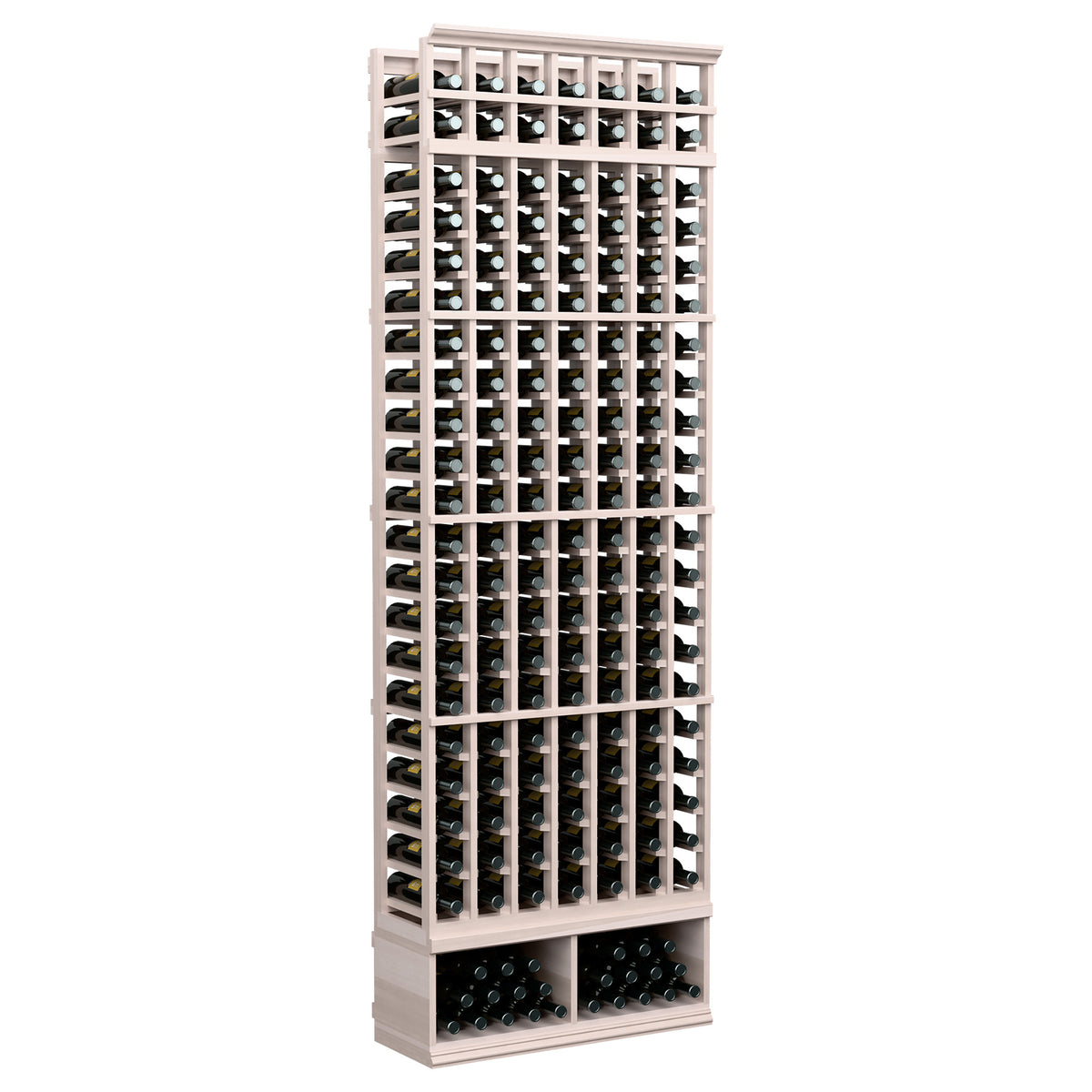 Wine bottle storage rack, 7-column 8-ft, pale wood finish with bottle storage grid