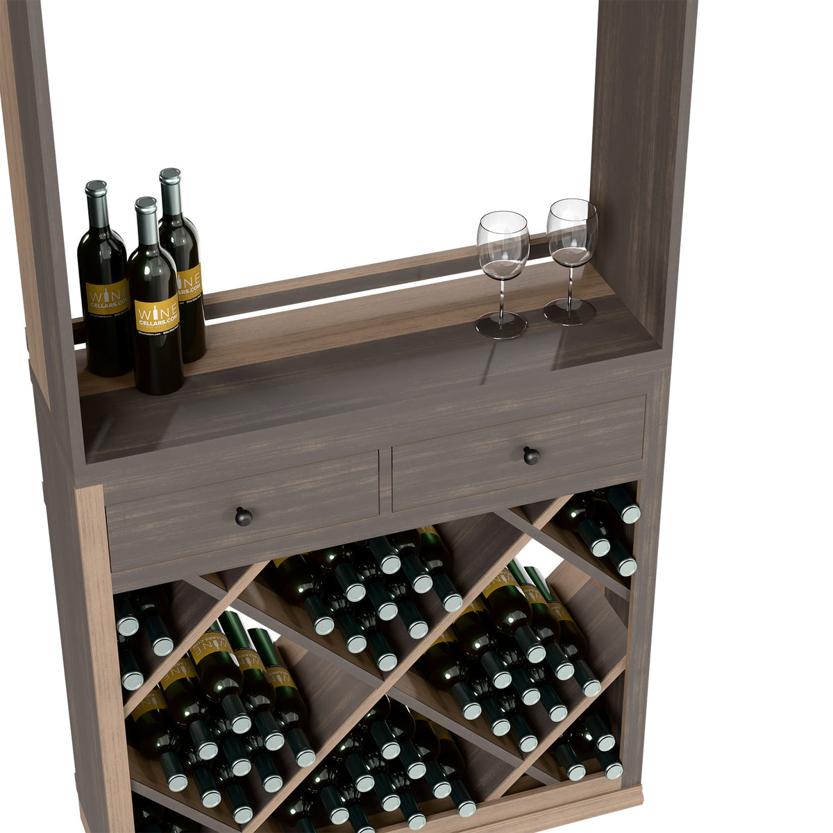 Wood wine tasting station with front drawer and diagonal bottle racks holding multiple bottles