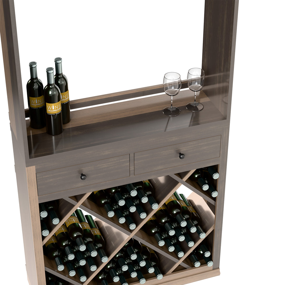 Wood wine tasting station with drawer and diagonal wine bottle racks with bottles