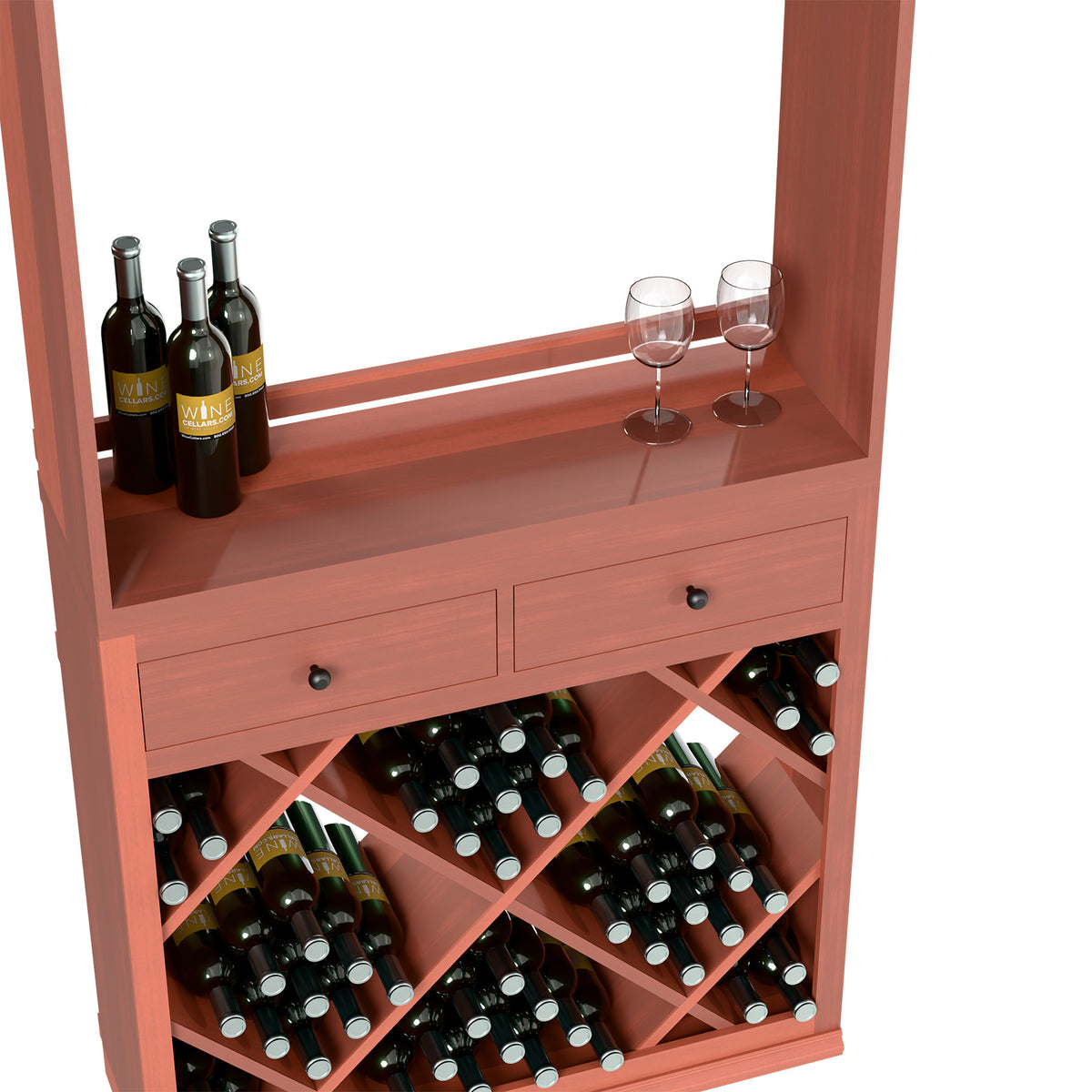 Red wood wine tasting station with front drawer and diagonal bottle racks with bottles