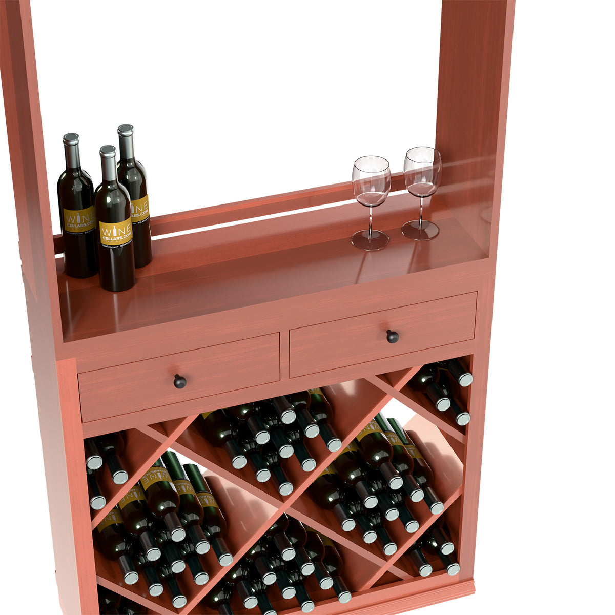 Wood wine tasting station open with wine bottles, two stem glasses, and front drawer