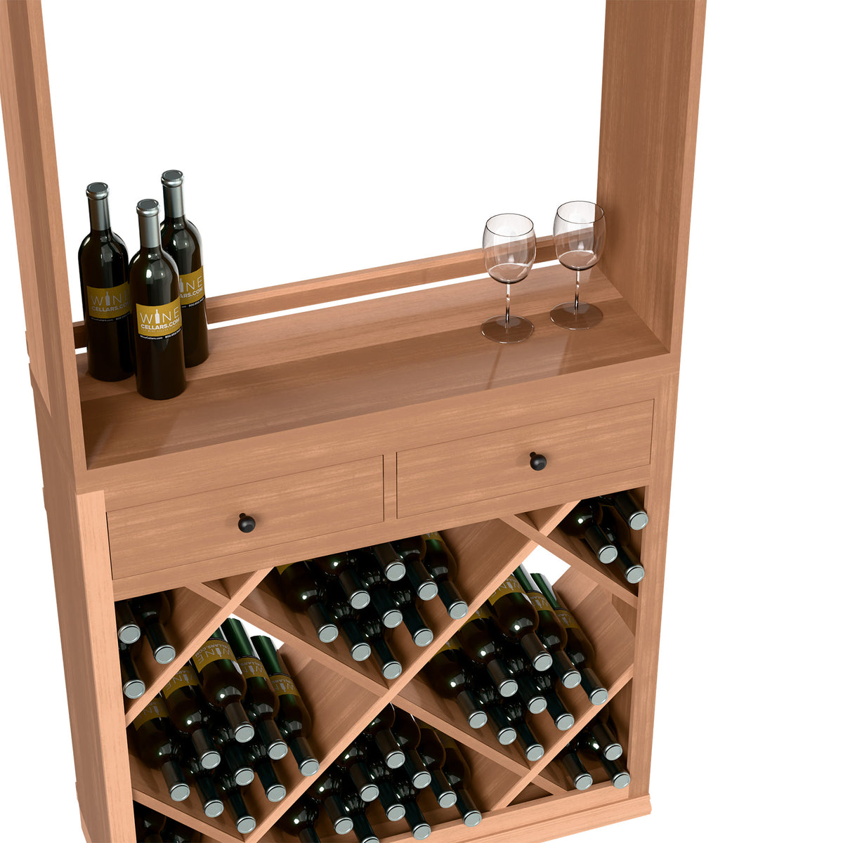 Light wood wine tasting station open with bottles, two wine glasses, and front drawer