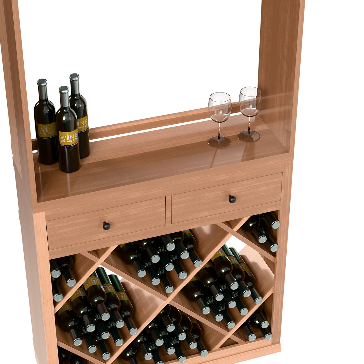 Light wood wine tasting station open with wine bottles, two glasses, and diamond bin