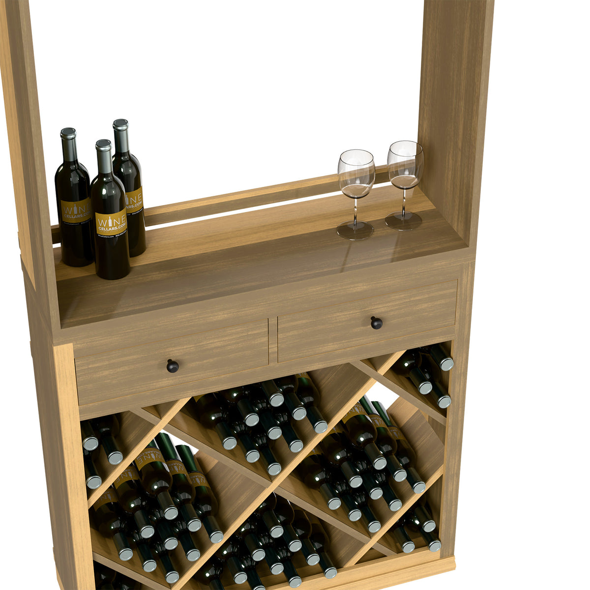 Wine tasting station with drawers, open wine racks, and top shelf with two stem glasses