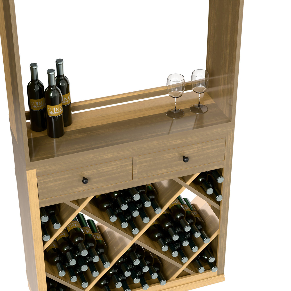 Wine tasting station with drawers, diagonal wine bottle racks, and two stem glasses on shelf