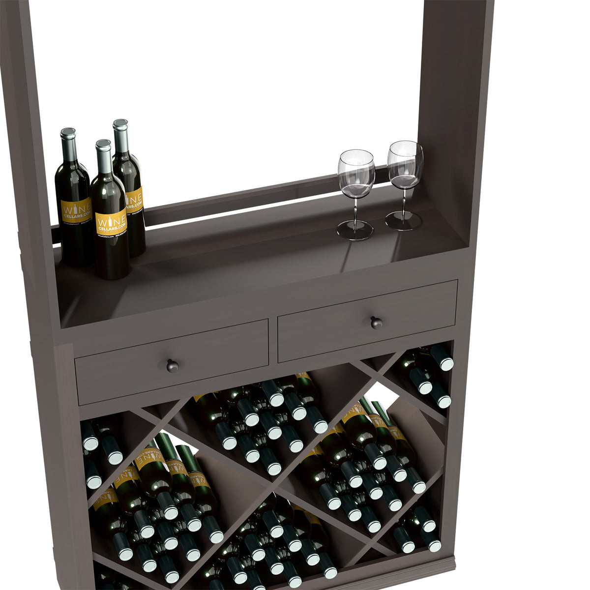 Wine tasting station close-up with drawers, diagonal wine racks, and two stem glasses