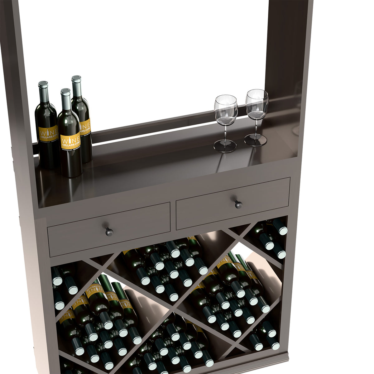 Wine tasting station close-up with drawers, diagonal bottle racks, and two stem glasses