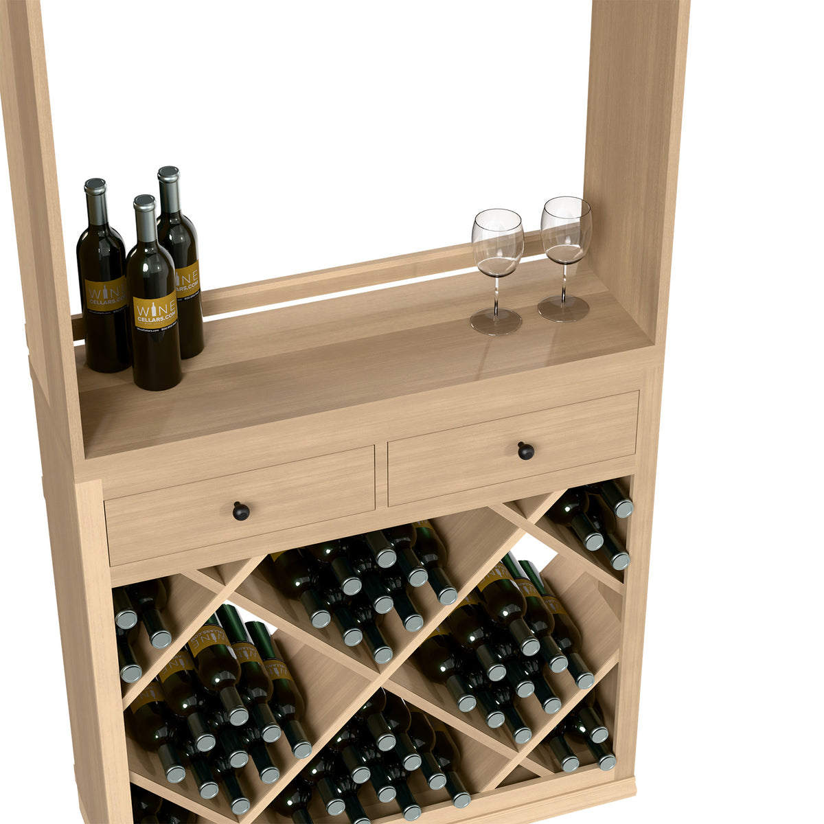 Wine tasting station shelf with bottles, two stem glasses, and under-shelf wine bottle storage