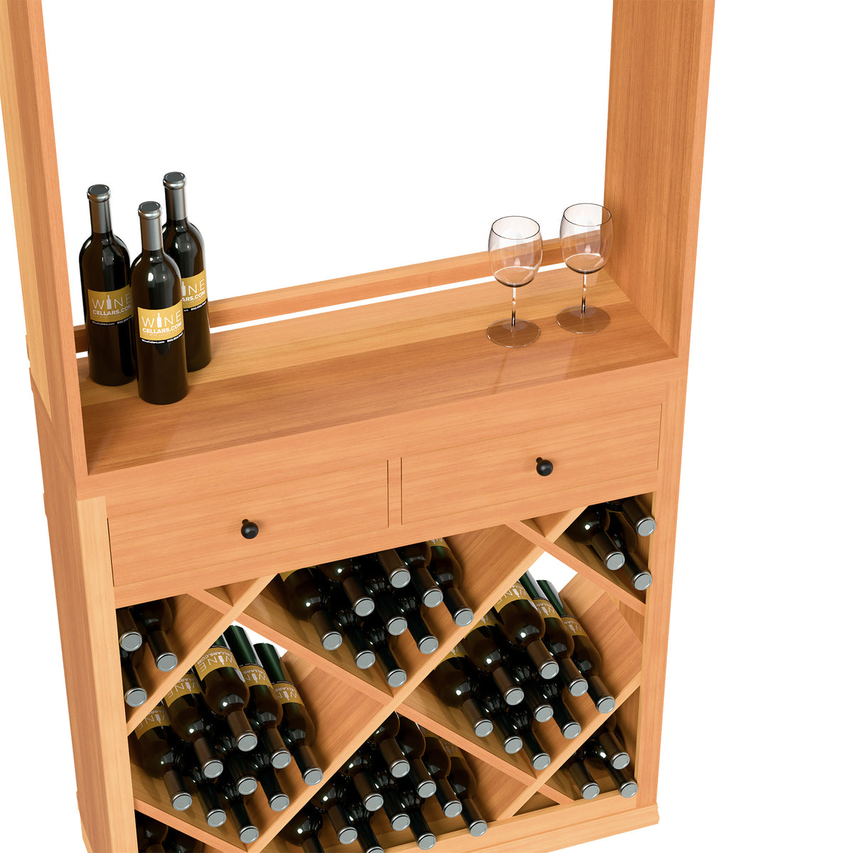 Light wood wine tasting shelf with bottles, two stem glasses, and diagonal wine bottle storage
