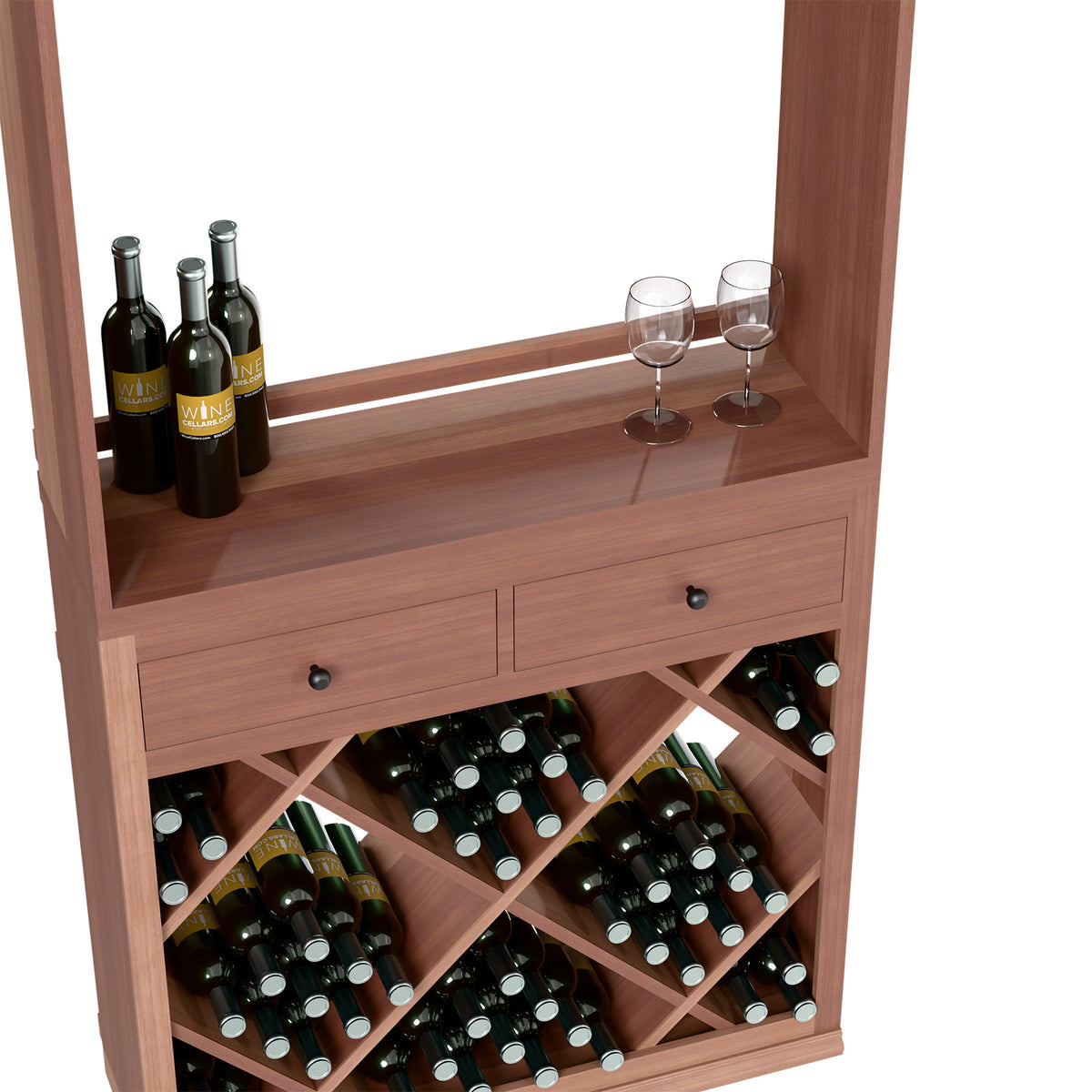 Wooden wine cabinet shelf with wine bottles and two glasses, plus drawer and bottle bins