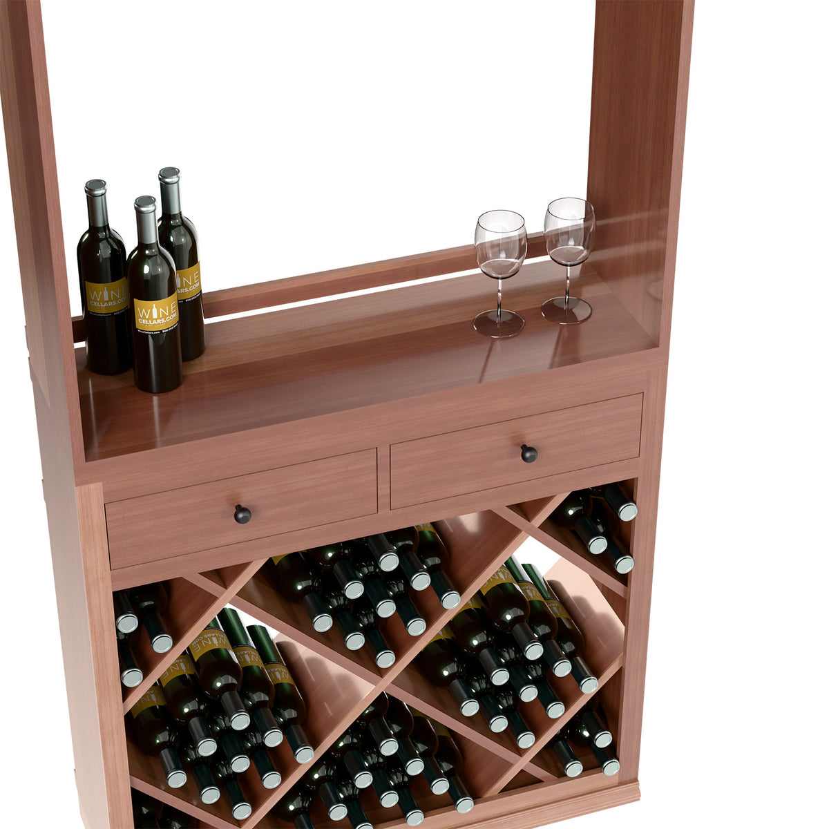 Wooden wine cabinet with bottles, two glasses on upper shelf, drawer, and diamond bottle bins