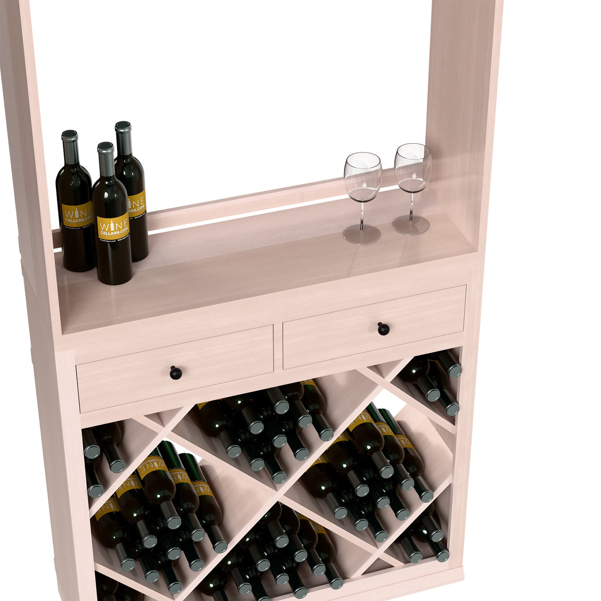 White wine tasting station with two drawers, diamond bottle bins, and tabletop with wine glasses