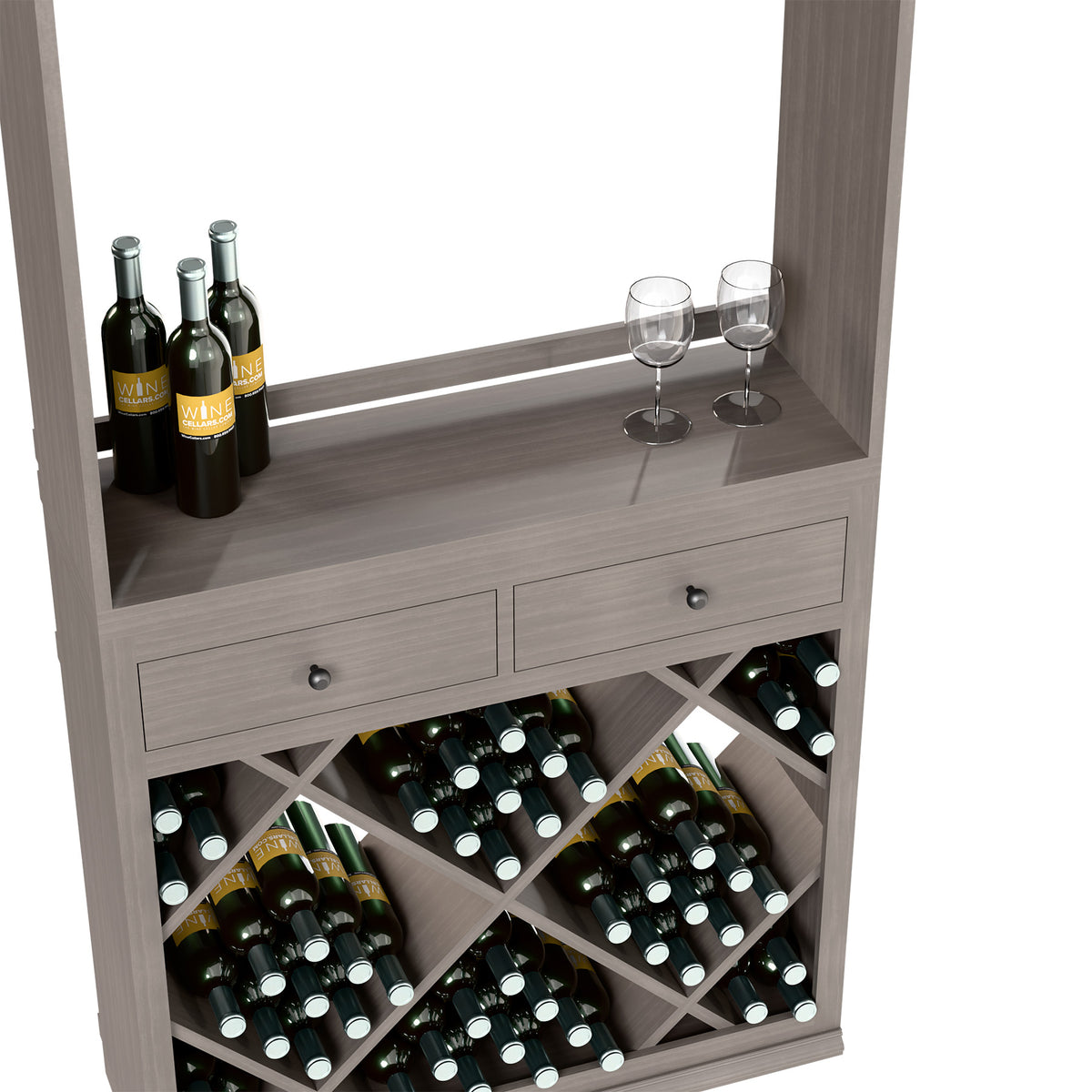 Wine tasting station with drawers and diamond wine racks, featuring bottles and two stemmed glasses