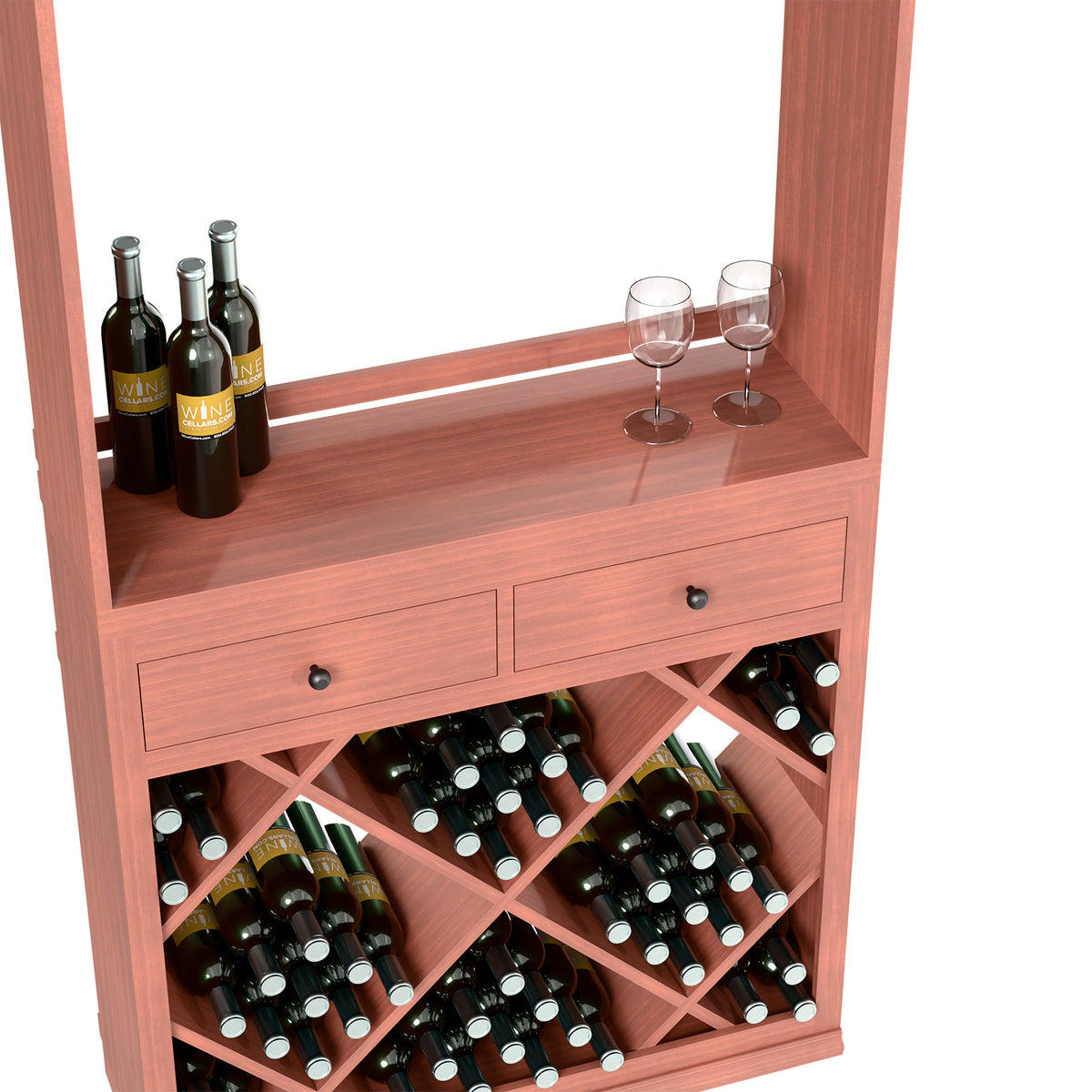 Wood wine tasting station with two drawers, diamond bottle racks, and top bar shelf