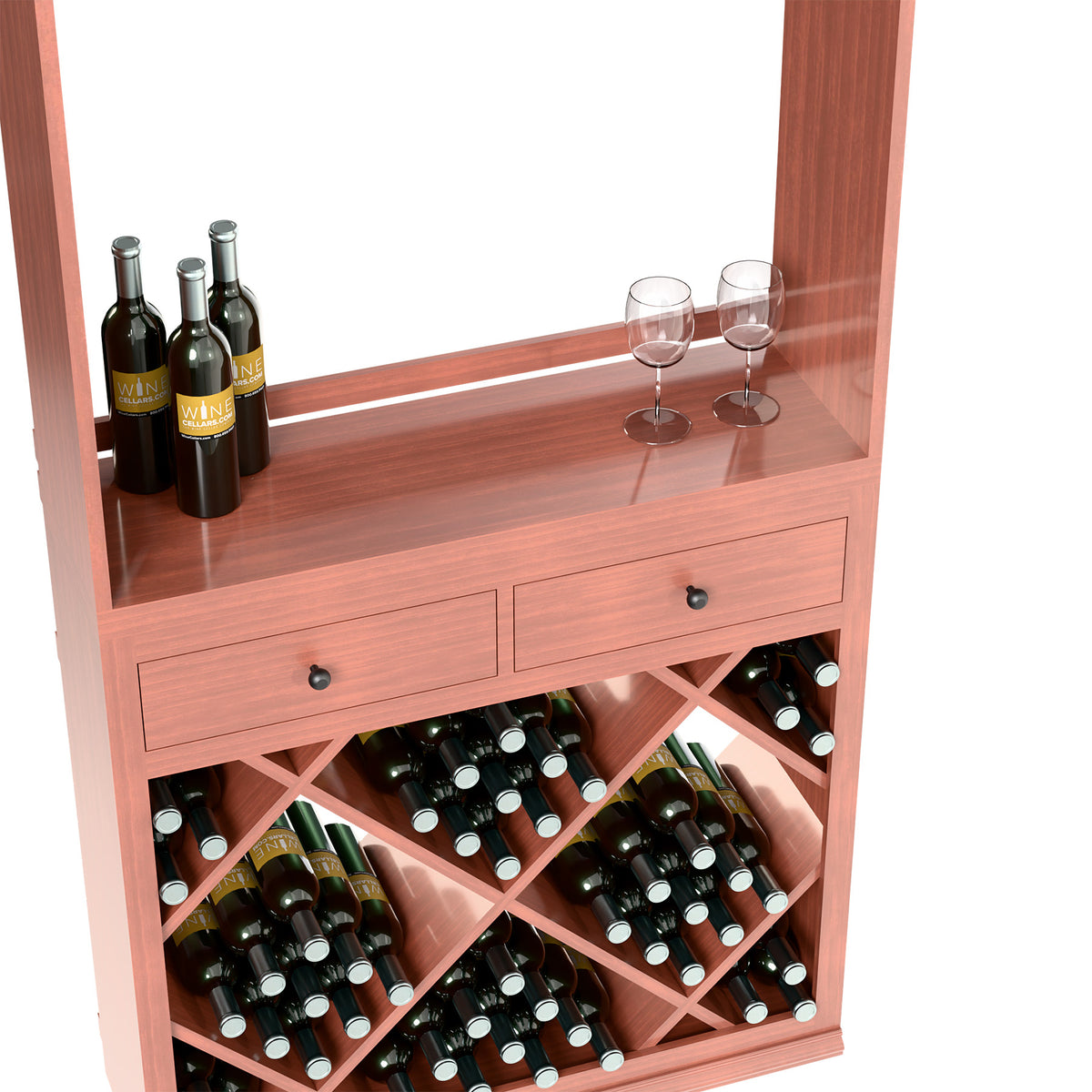 Wine tasting station with drawers and diamond wine racks, holding bottles and two wine glasses