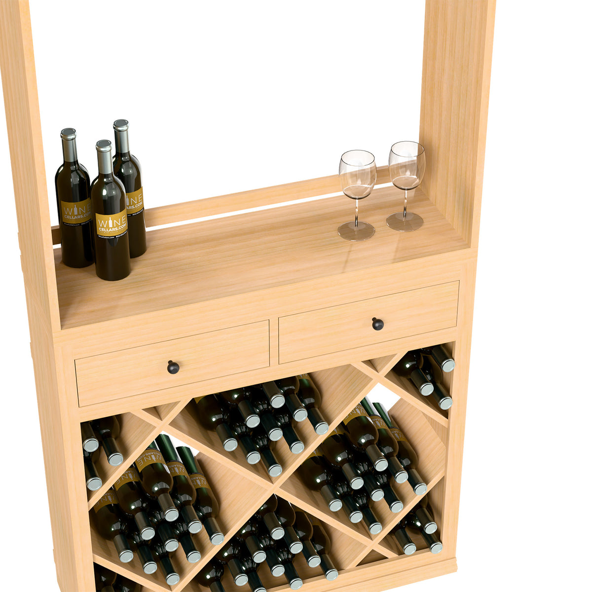 Wood wine tasting station with bottle and glass display shelf, plus diamond bottle racks
